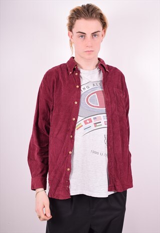 MENS VINTAGE CORDUROY SHIRT LARGE MAROON 90'S