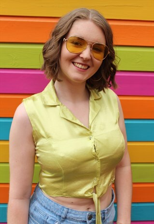 VINTAGE 80S PALE GREEN SATIN TIE FRONT SUMMER CROP TOP