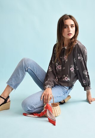 80'S RETRO FESTIVAL FLORAL PRINT TRIMMED BLOUSE TOP
