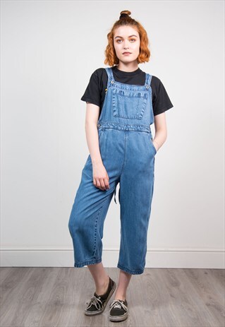 VINTAGE 90'S BLUE DENIM CROPPED DUNGAREES