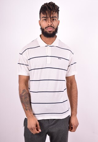 ELLESSE MENS VINTAGE POLO SHIRT LARGE WHITE STRIPES 90'S