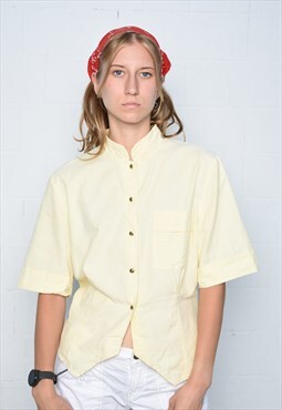 Vintage 80s high neck button down blouse shirt top yellow