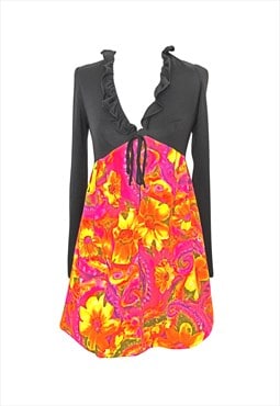 Black/Orange 60's vintage floral flower power mini dress