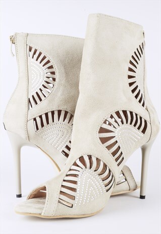 BEIGE SUEDE ANKLE BOOTS HIGH HEEL WITH CUT OUT PEEP TOE