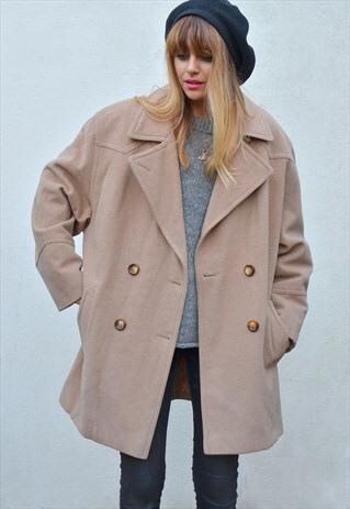VINTAGE 90S CAMEL BROWN WOOL OVERSIZED JACKET / COAT