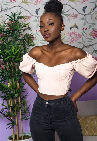PINK OFF-THE-SHOULDER PUFFY CROP TOP