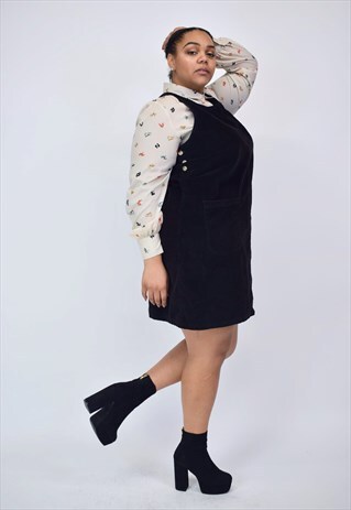 VINTAGE 90'S BLACK CORDUROY PINAFORE DRESS WITH POCKETS