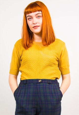 VINTAGE 70'S TAN BROWN KNIT CROSS PATTERN SHORT SLEEVE TOP