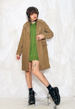 Vintage Y2K Trench Coat in Beige Faux Fur Collar