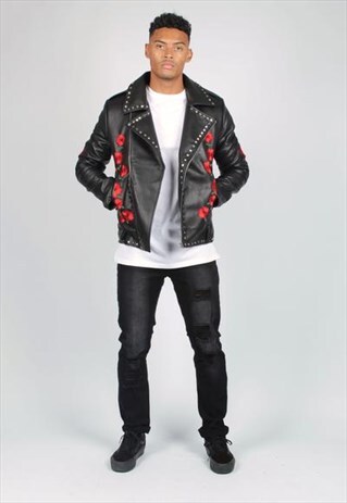 TEXAS ROSES ARE RED EMBROIDERED & STUDDED PU JACKET