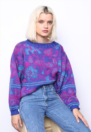 VINTAGE 80S PURPLE FLORAL KNIT JUMPER