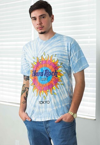VINTAGE HARD ROCK CAFE T-SHIRT TIE DYE LOGO 90S L 7.7