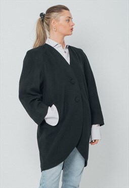 Vintage 80s Boxy Fit Button Up Black Wool Coat Oversized