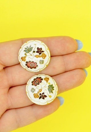 80S ROUND FLOWER EARRINGS CLOISONNE VINTAGE JEWELLERY