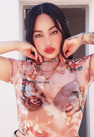 ANGEL PRINT MESH SEXY CROP TOP HIGH NECK
