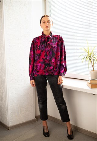 VINTAGE 80'S PURPLE/BLACK ABSTRACT PRINT BOW COLLAR BLOUSE