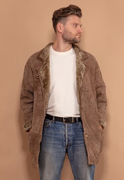 Vintage 80's Men Button Up Sheepskin Coat in Beige