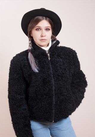 VINTAGE 80'S BLACK SHAGGY FAUX FUR JACKET