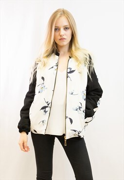 Floral print quilted Bomber puffer Jacket in white color 