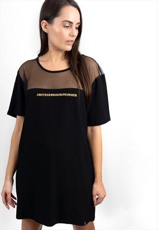 'TRAPPED' SUMMER EMBROIDERY MESH INSERT BLACK T-SHIRT DRESS
