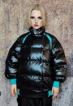 Asymmetric bomber unusual quilted puffer jacket in black