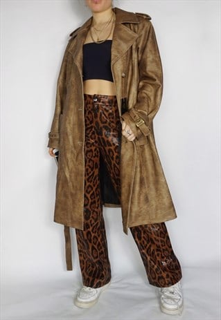 VINTAGE FAUX LEATHER LONG BROWN Y2K COAT 90S 80S