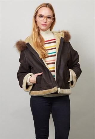 VINTAGE HOODED LEATHER/SHEARLING BOMBER JACKET