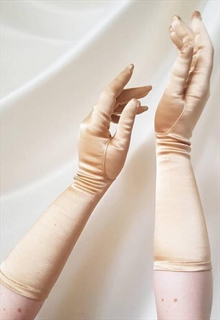 VINTAGE 50S GOLD SATIN ELBOW-LENGTH EVENING GLOVES / WEDDING