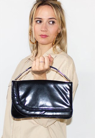 VINTAGE 90'S LEATHER BLACK SQUARE HAND BAG