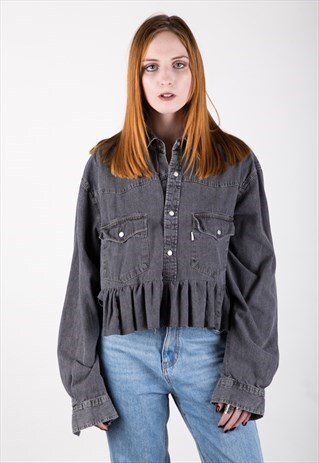 REWORKED VINTAGE CROPPED DENIM SHIRT WITH PEPLUM