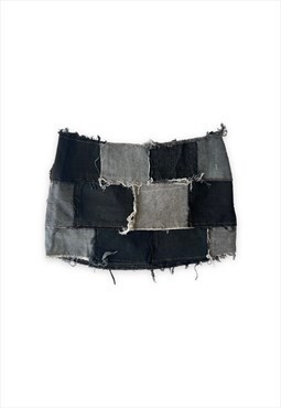 Vintage reworked patchwork low waisted black denim skirt