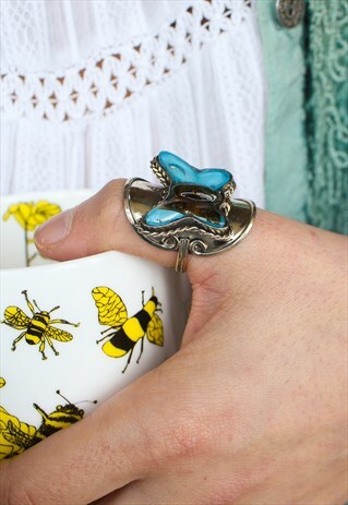 ADJUSTABLE AQUAMARINE BUTTERFLY GLASS RING
