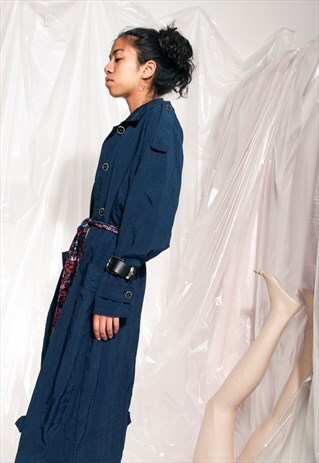VINTAGE TRENCH COAT 80S DARK BLUE DUSTER COAT LONG JACKET