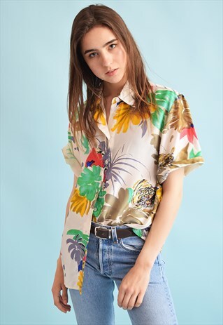 90'S RETRO SILK ABSTRACT FLORAL PRINT OVERSIZED MOMS BLOUSE