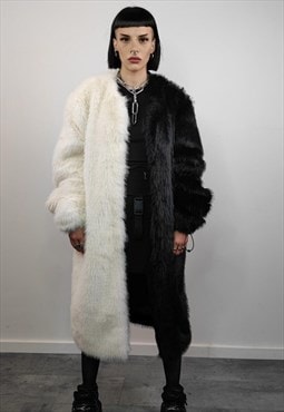 Long faux fur coat handmade fluffy luxury contrast trench 
