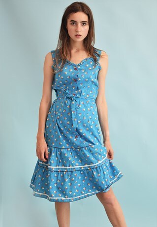 VINTAGE 70'S RETRO FLORAL PRINT MIDI TRIMMED FESTIVAL DRESS