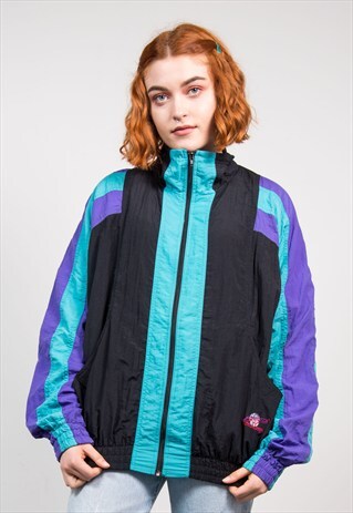 90'S VINTAGE BLACK COLOURBLOCK SHELLSUIT TOP