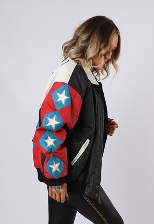 LEATHER BOMBER BOYFRIEND JACKET USA OLYMPIC GAMES UK 16 FNFH