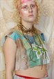 GREEN BROWN PATCHWORK TIE DYE CROP TOP EMBROIDERED BUG M/L