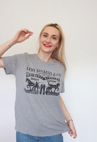 VINTAGE 90S LEVI'S SPELL OUT LOGO GREY T-SHIRT UNISEX