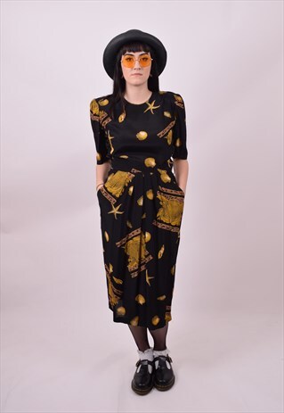 VINTAGE 80'S BLACK & GOLD SEA SHELL DRESS SIZE 10 SMALL 12