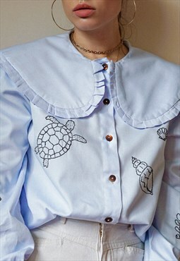 Hand Embroidered Oversized Collar Powder Blue Shirt