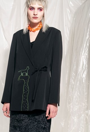 VINTAGE BLAZER 90S REWORKED EMBROIDERED CAT BLACK JACKET