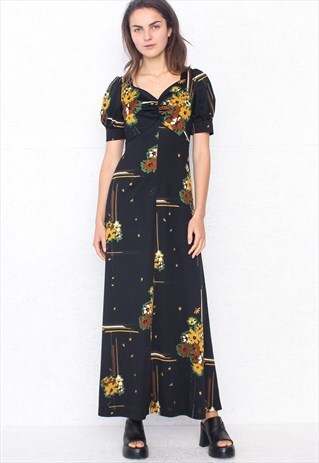 VINTAGE BLACK KAUNOTAR FLORAL SHORT SLEEVE MAXI DRESS