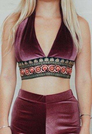 LILAC VELVET HALTERNECK WITH INDIAN EMBELLISHMENT
