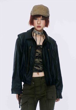 Cropped faux leather jacket retro short PU bomber in black