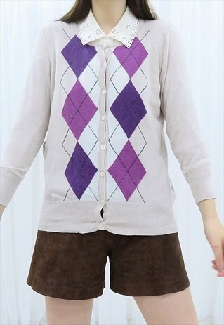 90S VINTAGE CREAM & PURPLE ARGYLE CARDIGAN