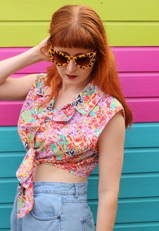 VINTAGE 80S CROP TOP RED PINK FLORAL SLEEVELESS SUMMER