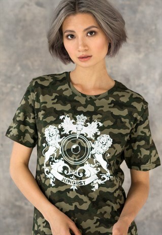 JUNGLIST CREST CAMO T SHIRT DJ MUSIC CAMOUFLAGE TEE WOMEN