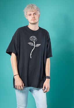 T-Shirt in Black with White Rose of Passion Motif